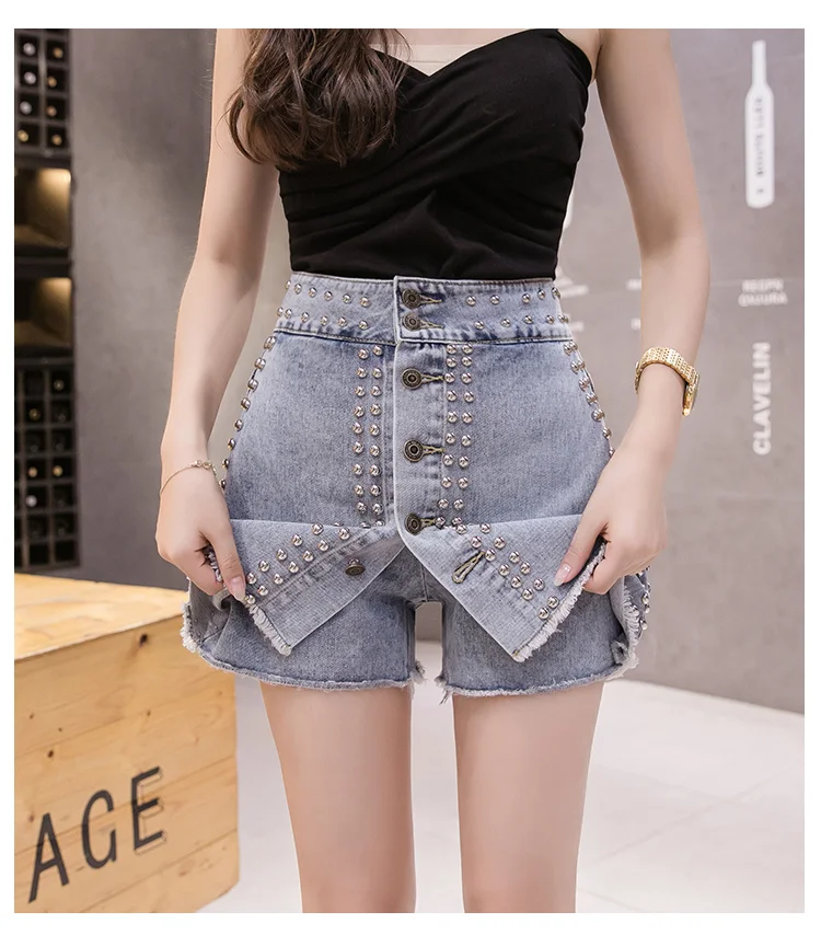 #0608 Summer Shorts Skirts Women Front Buttons Sexy High Waist Shorts For Women With Rivet Punk Club Women's Shorts Skirts Sexy black denim shorts