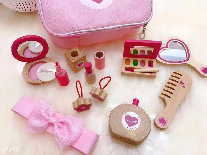 Girls Wooden Makeup Toy Pretend Play Non-toxic Beauty and Fashion Comestic set include Mirror Comb Lipstick Nail Polish Gift