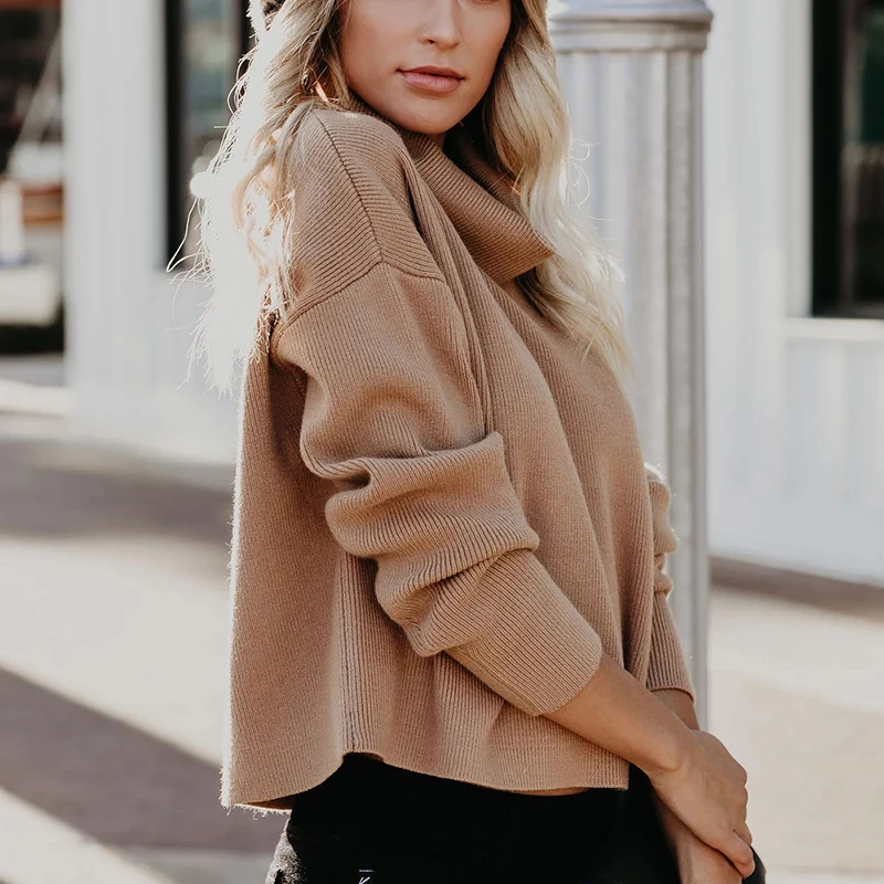 QUEVOON Casual Women Turtleneck Sweaters Solid Oversized Crop Long Sleeve Knitted Pullovers Fashion Female Jumpers Khaki Jerseys