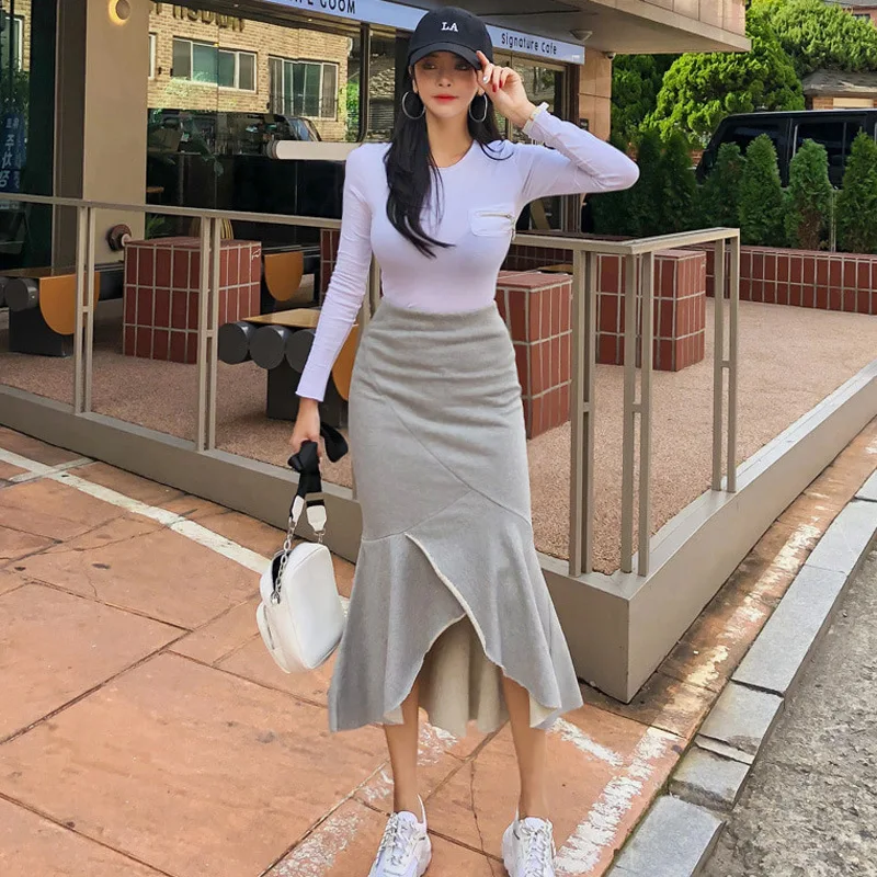 

New Style Two-Piece 2020 Winter Korean-style Elegant Slim Fit T-shirt Casual Sheath Fishtail Skirt-Style Set