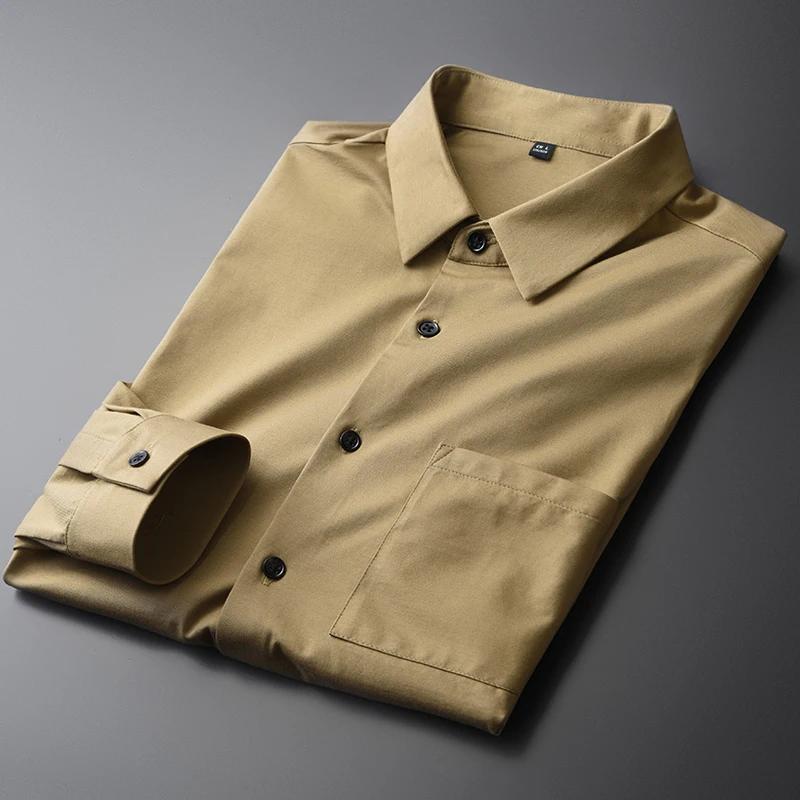 Minglu 100% Cotton Mens Shirts Luxury Khaki Long Sleeve Dress Spring And Autumn Slim Fit Casual Male 4XL | Мужская одежда