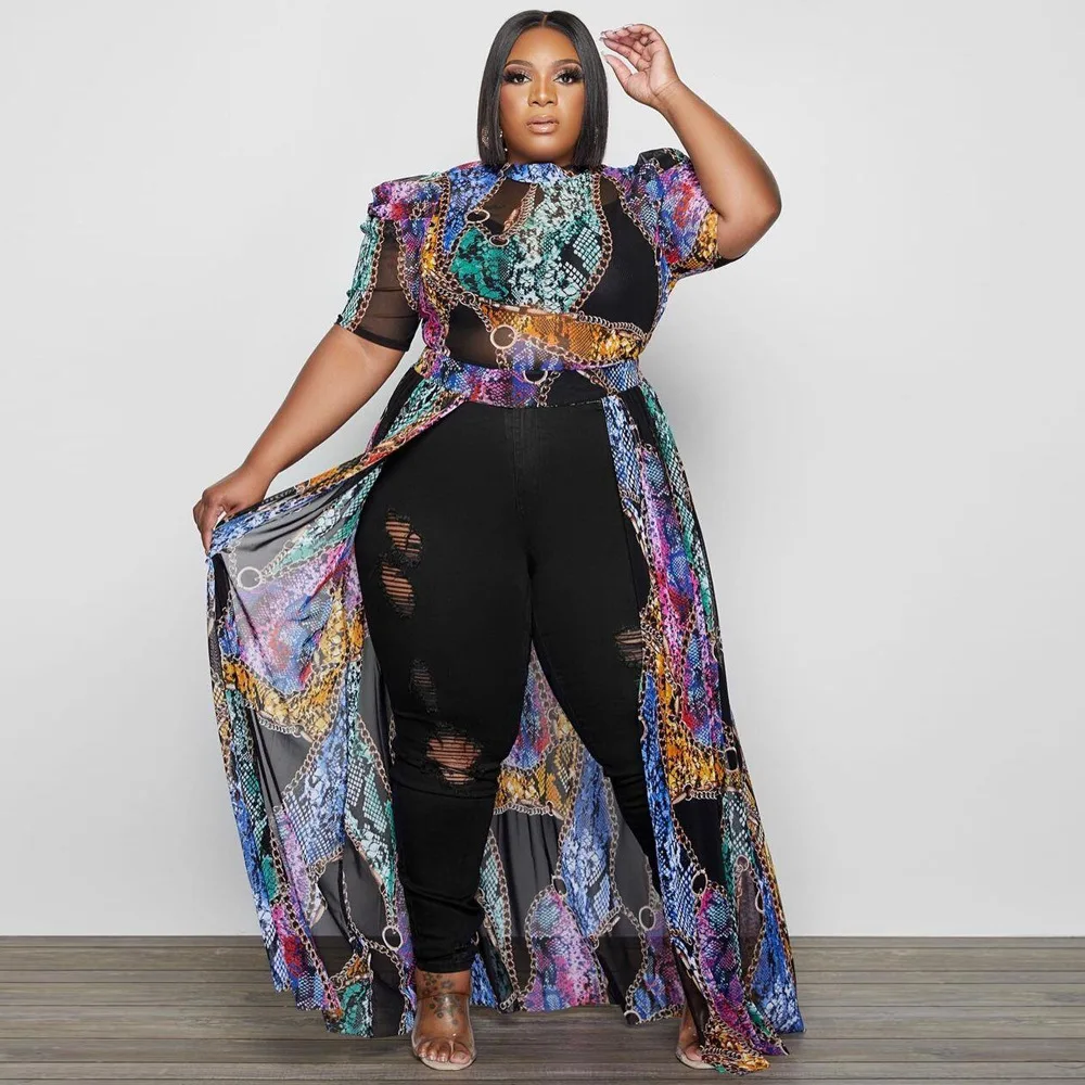 Summer Plus Size Clothing Women Loose Mesh Dress Lrregular All-match Printed Long Dress Oversized Night Club Party Clothes Robe