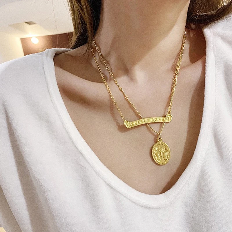 

SRCOI Boho Multi Layer Chain Oval Portrait Coin Pendant Geometric Square Letter Choker Necklace Personalized Jewelry Female Hot