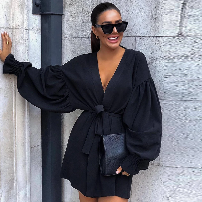 Miglior Umeko Autunno Profondo Scollo A V Sciolto Breve Camicia Nera Delle Donne del Vestito Lungo Del Manicotto Della Lanterna Altalena Ufficio Della Signora Sexy Abiti Da Festa Elegante