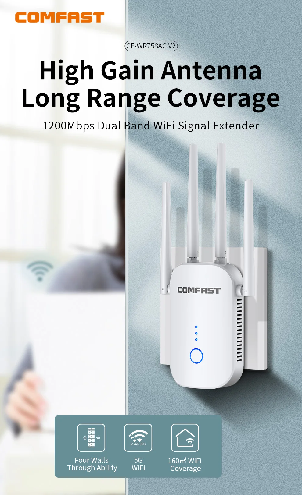 Comfast Cf-wr758ac sem Fio Wifi Extensor 1200mbps Banda Dupla Repetidor 2.4 5ghz wi fi Impulsionador com Antenas Ethernet - Imagem 4