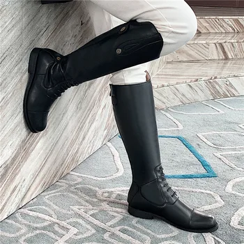 

Riding Boota Knee-high Flat Equestrian Women Boots Belt Matal Ladies Shoes Fall Winter Botas Feminina Rider Cow Leather 2020 New