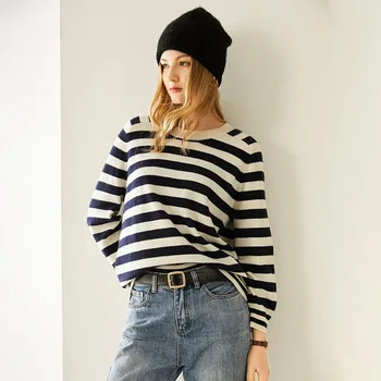 

MAISON GABRIELLE 2020 Fall Winter 100% Cashmere Pinstriped Sweater Loose Round Neck Women's Pullover Knitwear French Style
