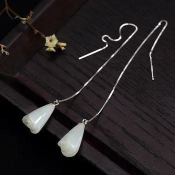

Silver Antique inlay Hetian jade white jade rose ear line all kinds of female sterling silver earrings wholesale
