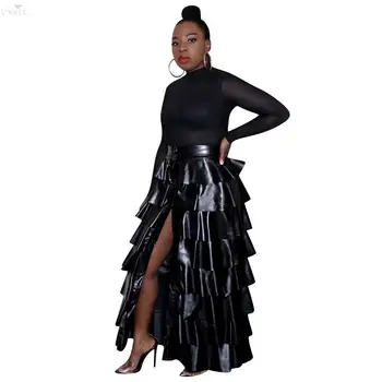 

Korean Style Women Skirts Solid Color Multi-tiered Flounces Pu Leather Skirts Sexy Straigh Ankle Length Skirts Night Clubwear