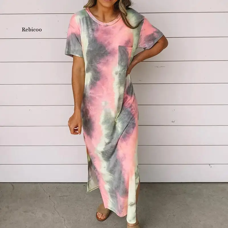 

Pocket Straight Long Dress Summer Beach Side Split Casual Maxi Dress Boho Tie Dye Loose Short Sleeve Female Sundress Femme Robe