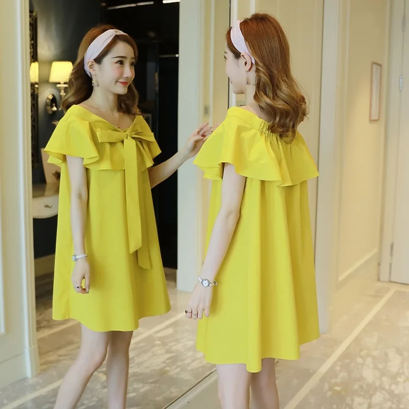 

Bow off-Shoulder Dress Summer 2019 New Style Mid-length Loose-Fit A- line Doll Maternity Dress