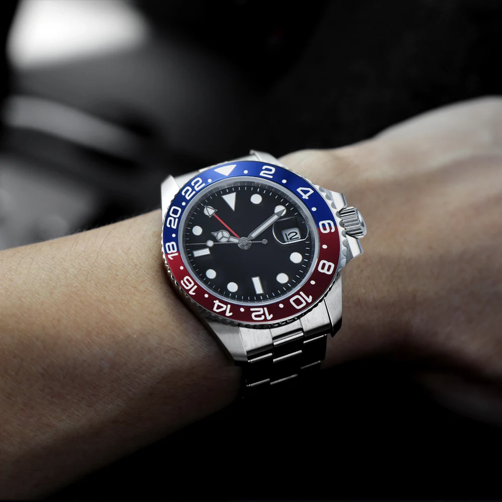GMT автоматические часы 40 мм черный стерильный циферблат сапфировое стекло