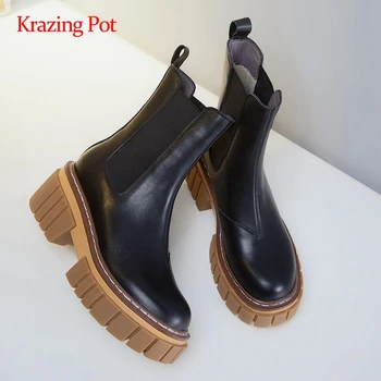 

Krazing pot high quality genuine leather mixed colors waterproof round toe thick high heel slip on daily wear mid-calf boots L71