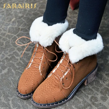 

SARAIRIS 2020 Big Size 43 Square Heels Keep Warm Plush Fur Winter Ankle Boots Women Shoes Cow Suede Leather Snow Boots