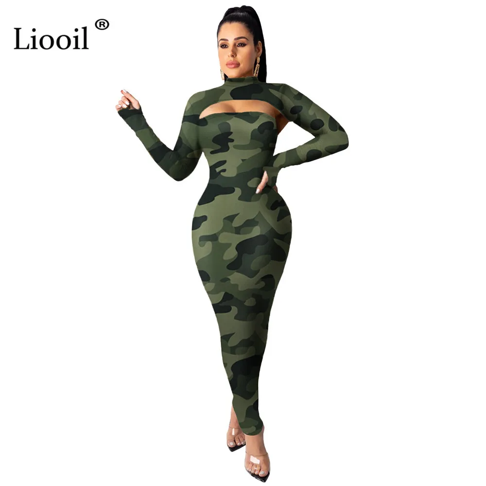 Зеленый Liooil, камуфляжный Леопардовый принт, комплект из двух предметов, сексуальное облегающее длинное макси платье,, длинный рукав, открытая одежда для ночного клуба, Платья для вечеринок - Цвет: Зеленый