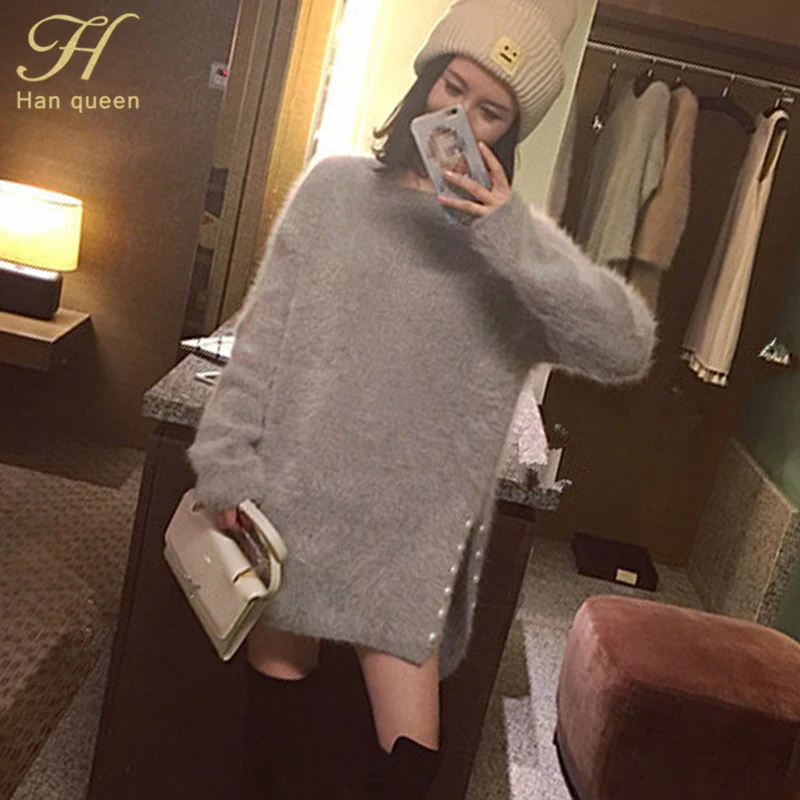 Gray H Han queen/осенне-зимний модный пуловер с жемчугом, свитера для женщин, новинка года, плотные однотонные женские джемперы - Цвет: Gray