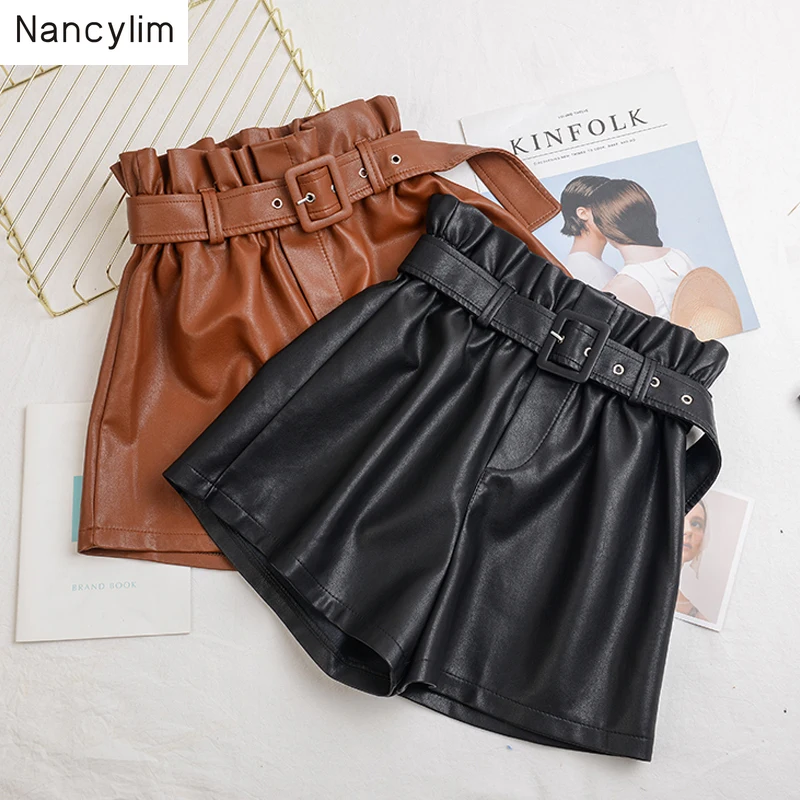 

Plus Size Elastic Waist Leather Shorts Women's New Autumn and Winter High Waist Wide Legs Loose PU Leather Boots Shorts Women