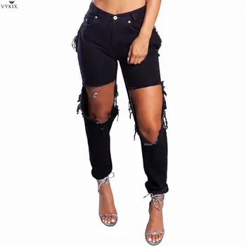 

Korean Style Summer Denim Women Pants Retro Solid Sexy Hole Jean Ripped Pencil Women Trousers Streetwear Skinny High Waist Pants