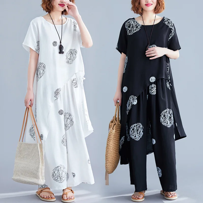

Photo Shoot 2019 Summer New Style Retro Silk Linen Short Sleeve Printed Rules Tops Elastic Waist Loose Pants Set