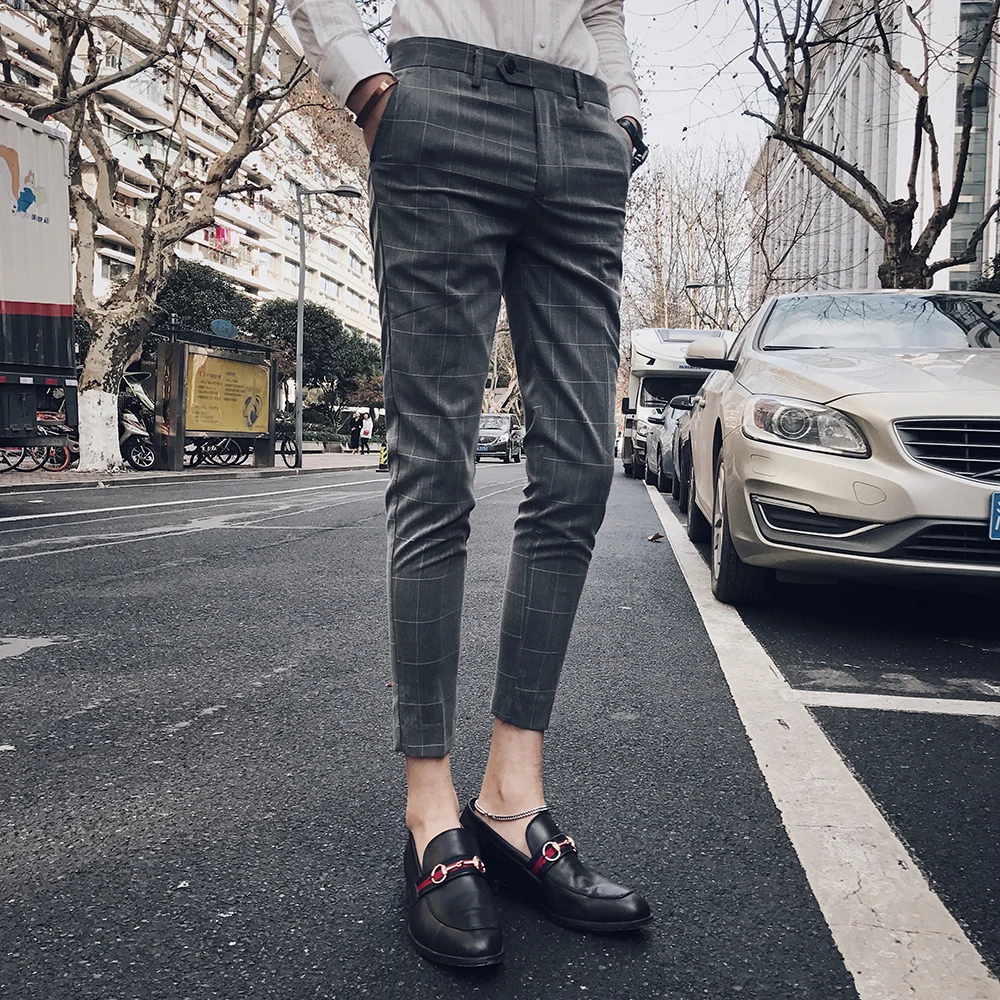 

2019 Dress Suit Pant Man Plaid Suit Pant Men Brand Designer Gentlemen Business Casual Work Pant Men bare foot Trousers