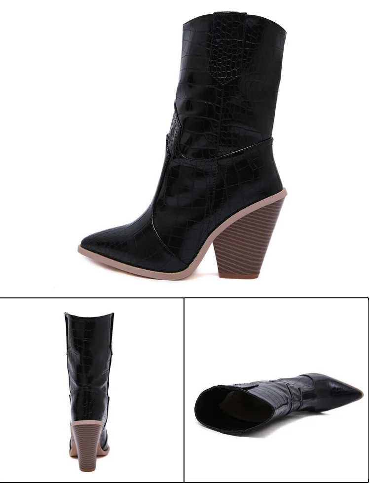 Весенне-осенние женские сапоги до середины икры; Zapatos de mujer; модные разноцветные Лоскутные ботинки с острым носком на толстом каблуке