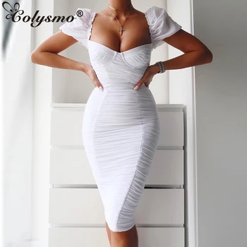 

Colysmo White Mesh Dress Women Sweetheart Neckline Push Up Padded Sexy Summer Dresses Woman Party Night Pleated Slim Long Dress