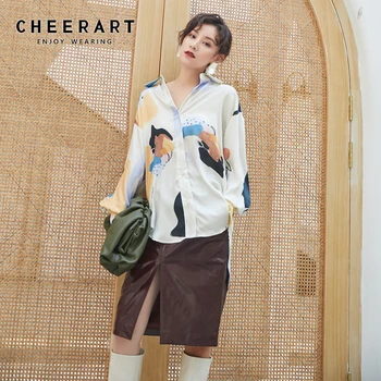 

CHEERART Fall 2019 Long Sleeve Blouse White Print Button Up Shirt Women Tops And Blouses Casual Shirt Autumn Clothes