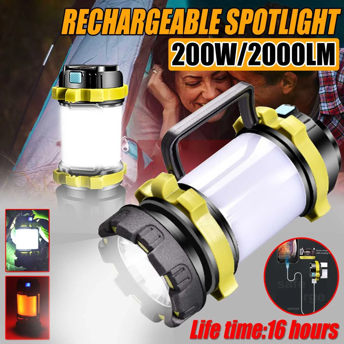 

200w 2000LM LED Camping Light 4800mAh Rechargeable Spotlight Outdoor Lantern Flashlight Waterproof Searchlight for Emergency