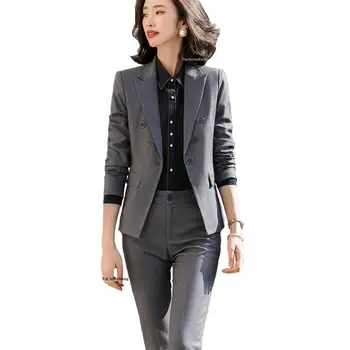 

Women Gray Black Pant Suit 2020 New Fall Winter 2 Piece Set Triple Breasted Blazer Jacket and Pant For Interview Work Business