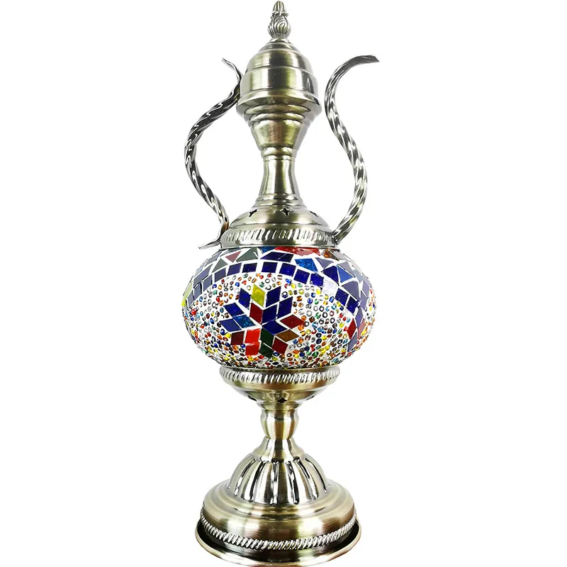 Turkish Style Exotic Retro Glass Decorative Table Lamp Coffee Pot Living Room Bedroom Bedside Led Night Light