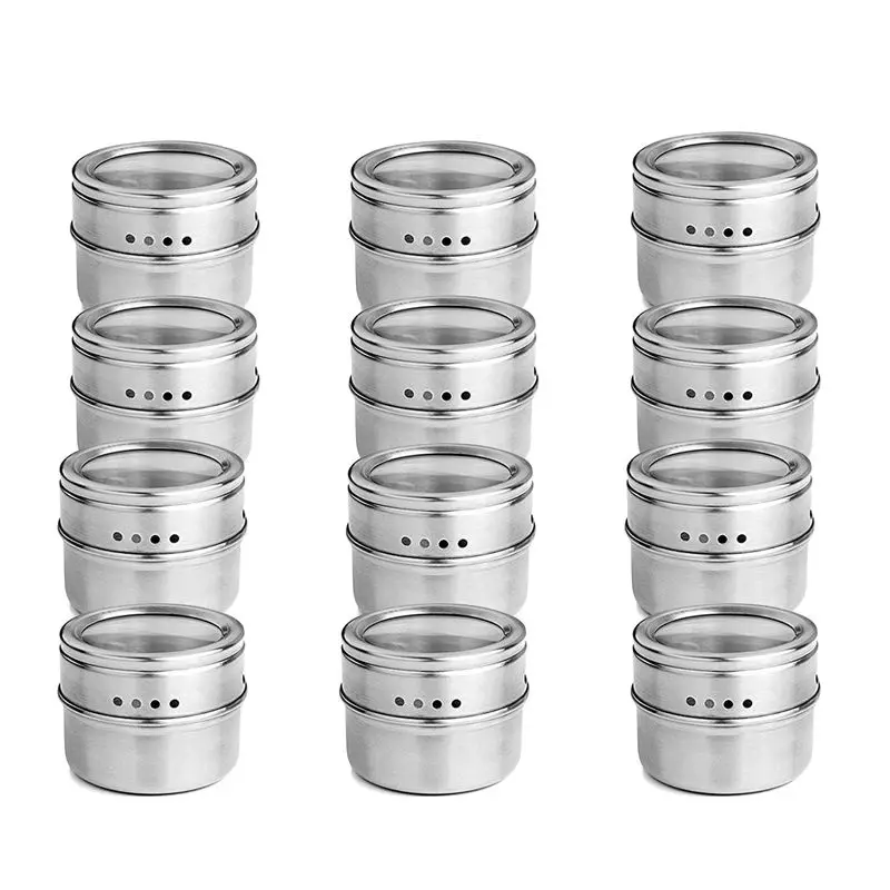 

12pcs/set Clear Lid Magnetic Spice Tin Jar Stainless Steel Spice Sauce Storage Container Jars Kitchen Condiment Holder Houseware