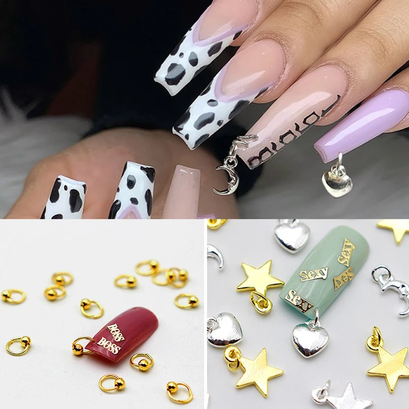 3D Dangle Nail Art Charms Alloy Moon Star Constellation Mixed Rhinestone Nail Piercing Ring Hand Drill