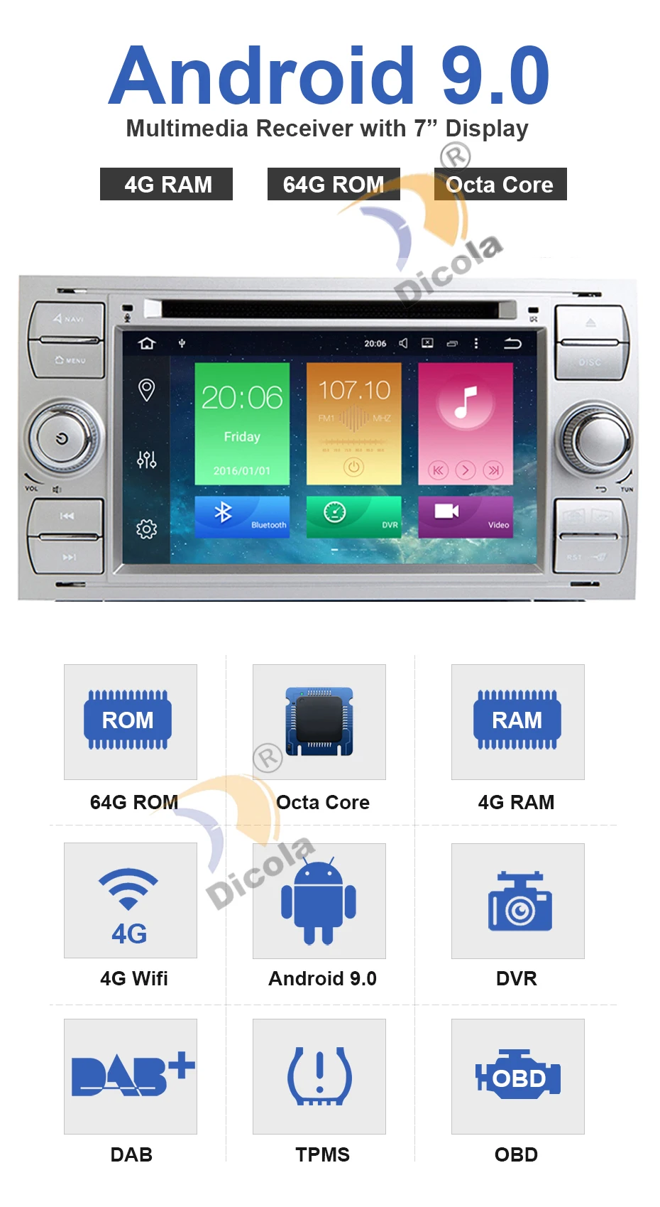 Ips HD Android 9 автомобильный dvd для Ford focus Mondeo S-max smax c-max с 4 Гб ОЗУ 64 Гб ПЗУ радио gps медиаплеер 1024*600 навигация