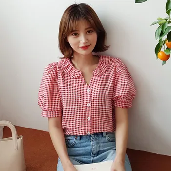 

2019 Women Summer Elegant New Style Fashion Design Button Plaid Shirt Short Sleeve Blouse V Neck Loose Button Down Casual Tops