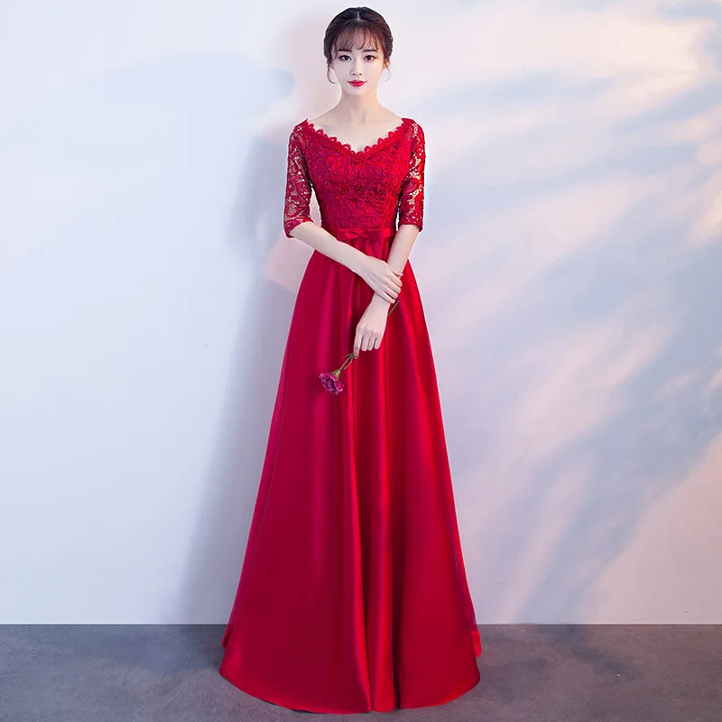 

Dress for Toast Bride Autumn And Winter 2019 New Style Long-sleeved Red off-Shoulder Long Nobility Marriage Banquet Evening Dres