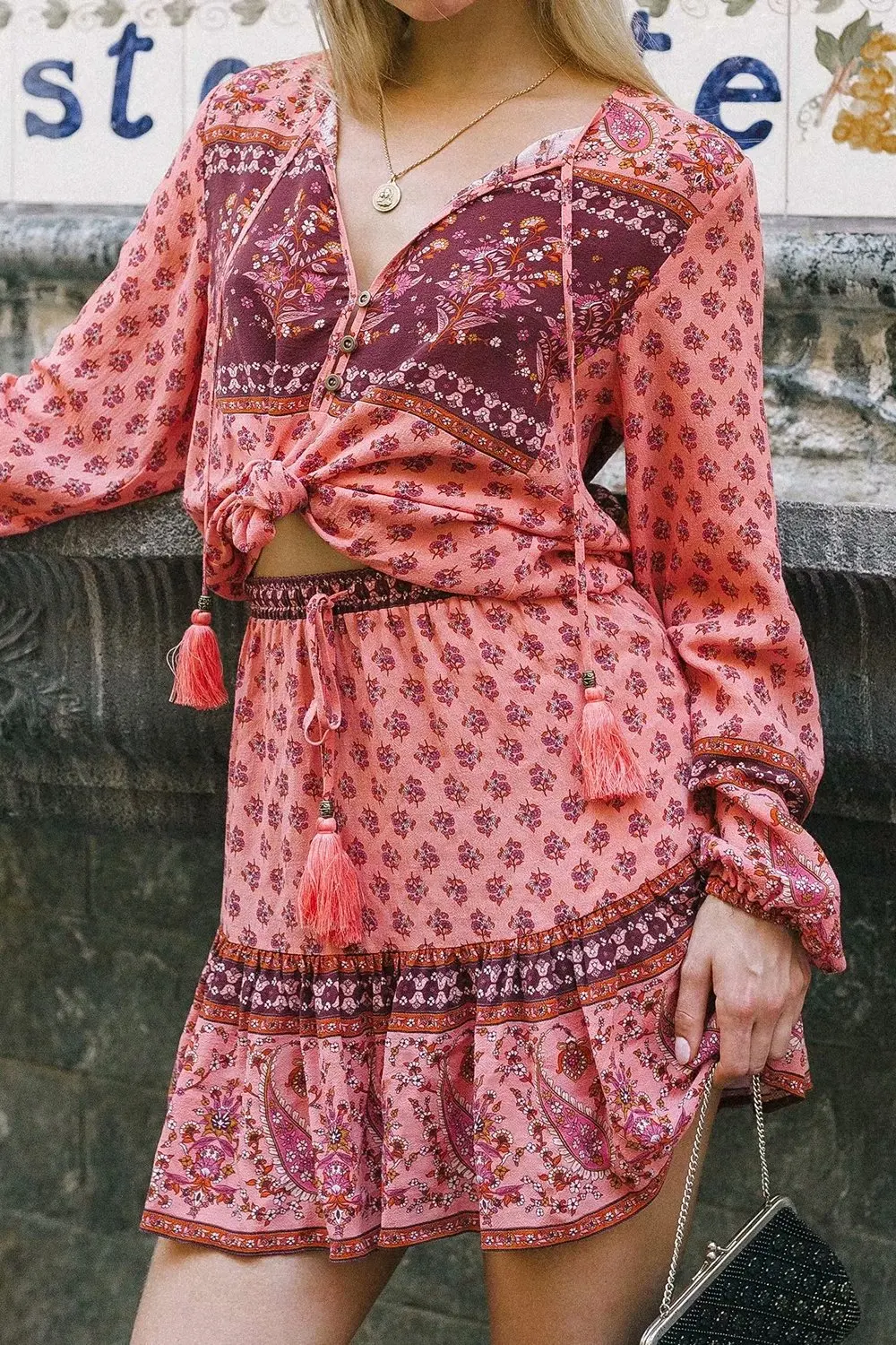 Loose Floral Printed Two Piece Set Vintage Long Sleeve Tops Tassel Mini Skirt Summer Fall Boho Beach Casual Womens Sets Dresses