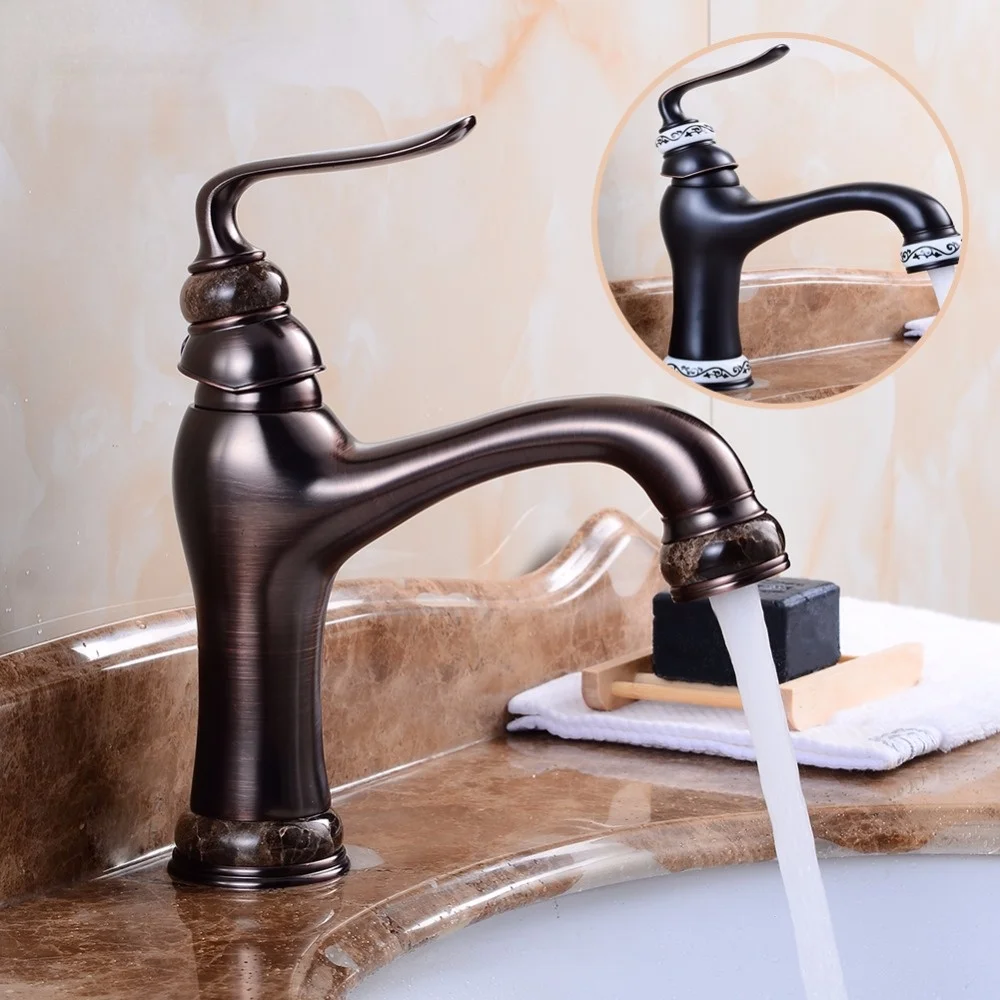 

Deck Mounted Basin Sink Faucet Vintage Style Tap Black Bathroom Faucets Brass Finish Washbasin Taps Hot and Cold Water Hardware