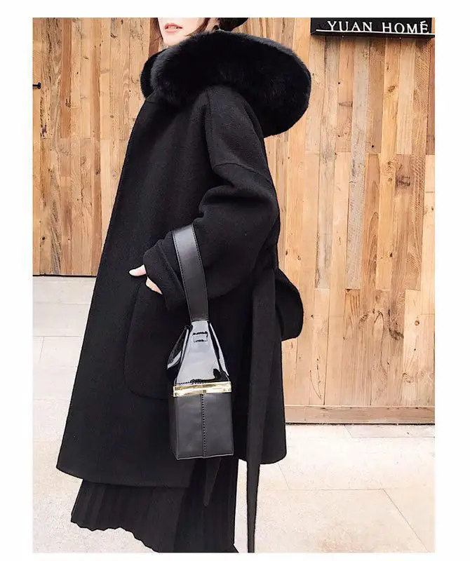 Двустороннее кашемировое пальто с воротником лисы с капюшоном, теплые плотные простые женские пальто, зимнее женское Элегантное повседневное длинное пальто