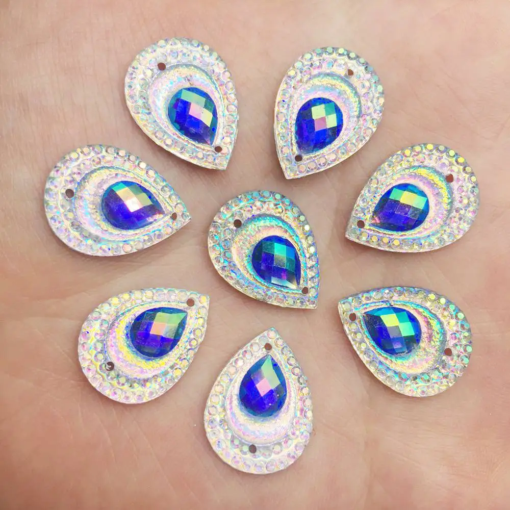 

60pcs Shiny 13*18mm Drop AB Resin Peacock Eye FlatBack Rhinestone Buttons Sewing 2 Hole Applique DIY Scrapbook Craft F687*2