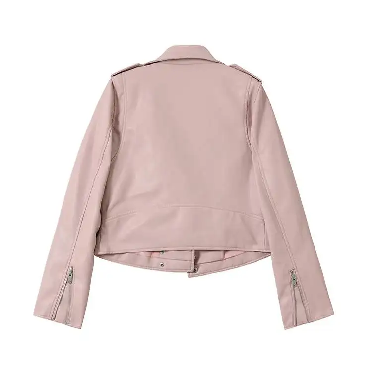 Fall black PU leather jacket women motorcycle biker jacket moto vintage ladies pink faux leather jackets coats female