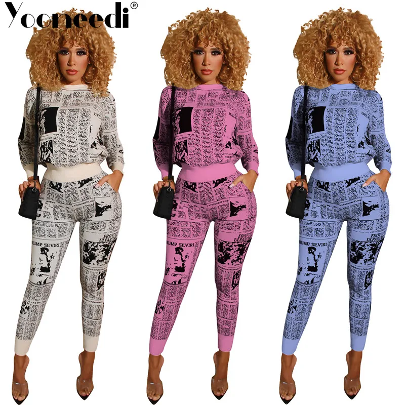 Yooneedi зимний дизайн, сексуальный женский комплект из 2 предметов, 3 цвета, бумага с круглым вырезом, топы и длинные штаны, CM-614
