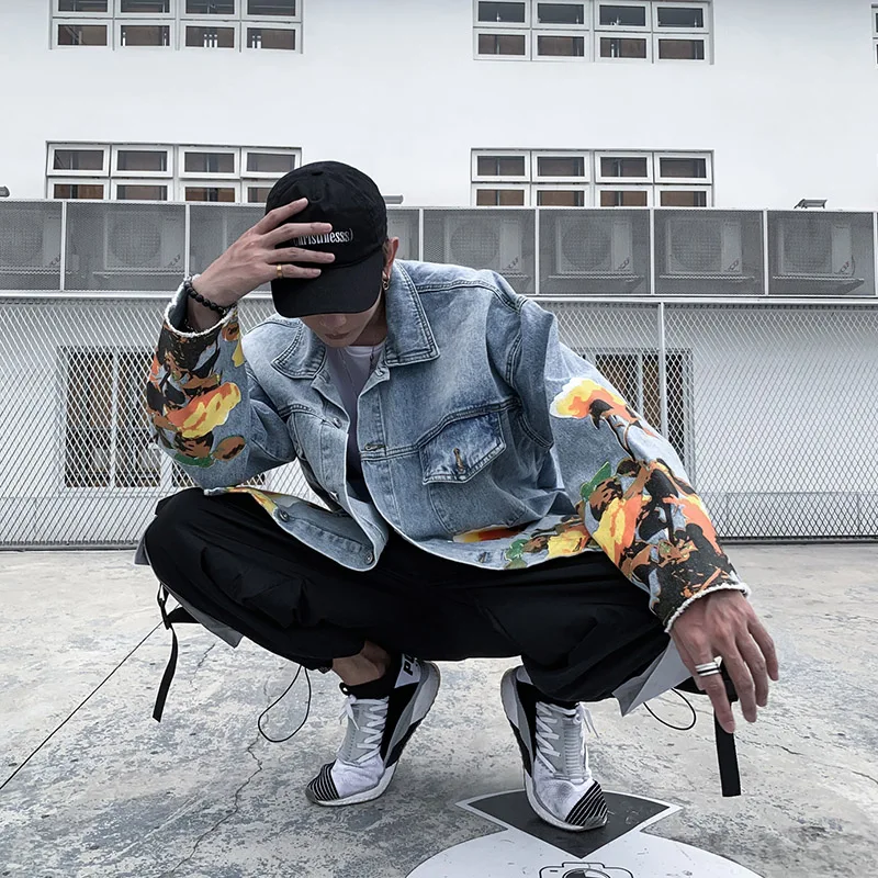 UNCLEDONJM джинсовые куртки с цветочным принтом для мужчин s High Street Distressed джинсовая куртка пальто мужские и женские хип хоп Уличная#1992