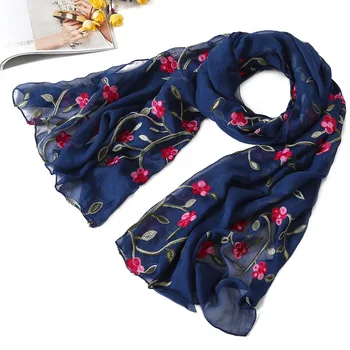 

Women Silk Floral Embroidery Hijab Scarf Elegant Flower Head Shawls Wraps Foulard Pashmina Solid Lady Neck Scarves