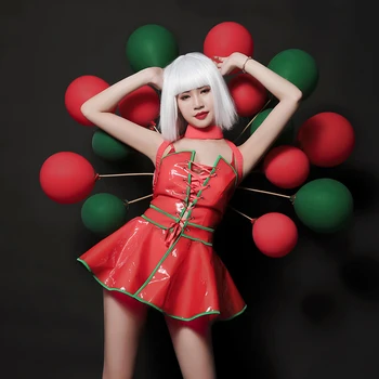 

Christmas Day Bar Gogo Costumes Female Singer Atmosphere Red PU Dress Dance Clothing Nightclub DJ Party Cosplay Dress DWY4940
