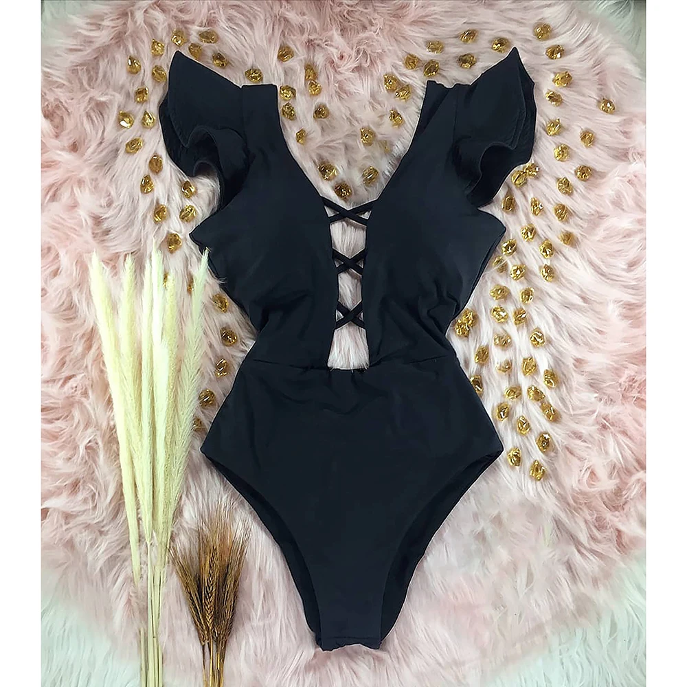 New Ruffle One Piece Swimsuit Solid Red Black Swimwear Women Deep-V Bathing Suit Bodysuit Beach Wear Swim Suit Monokini women sport swimsuits women swim dresses