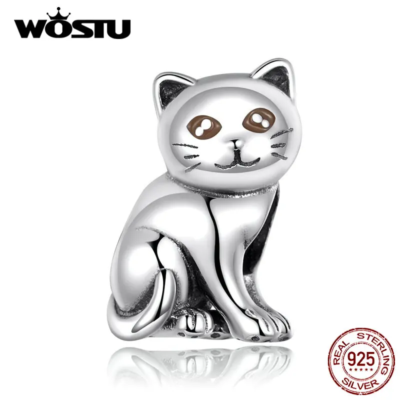 Wostu Lovely Cat Sterling Silver 925 Charm Bead Enamel Pendant Girls Xmas Gift 