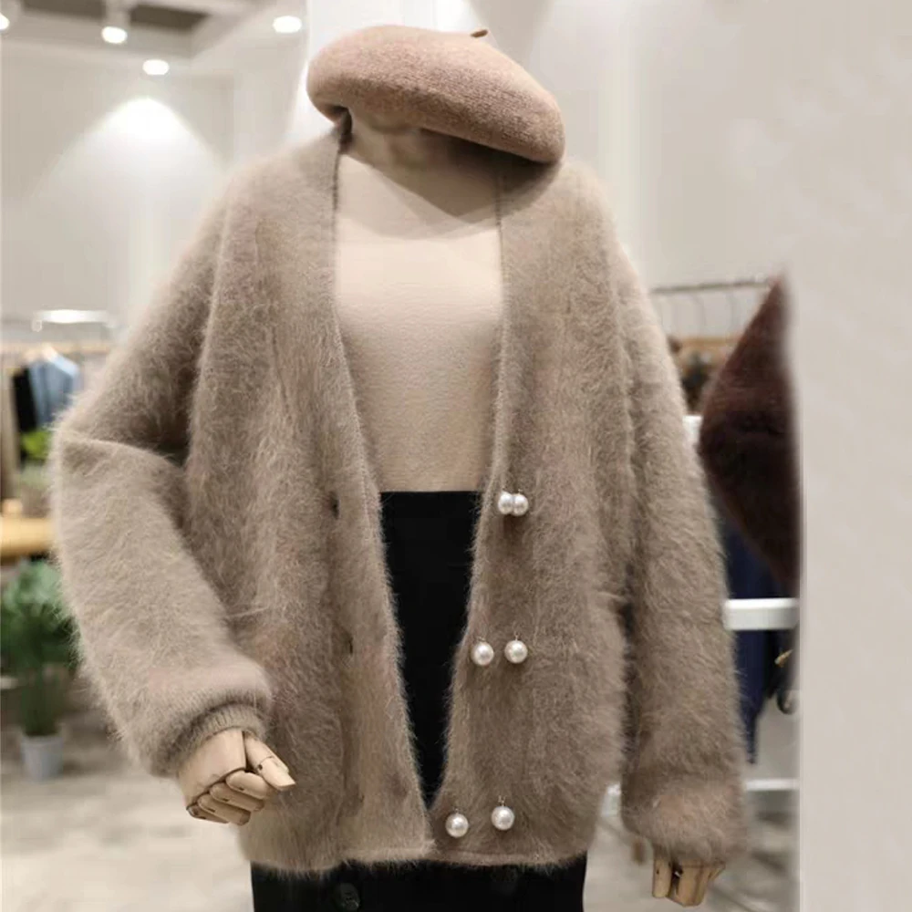 women medium long angora rabbit fur cardigan long sleeves 100 mink