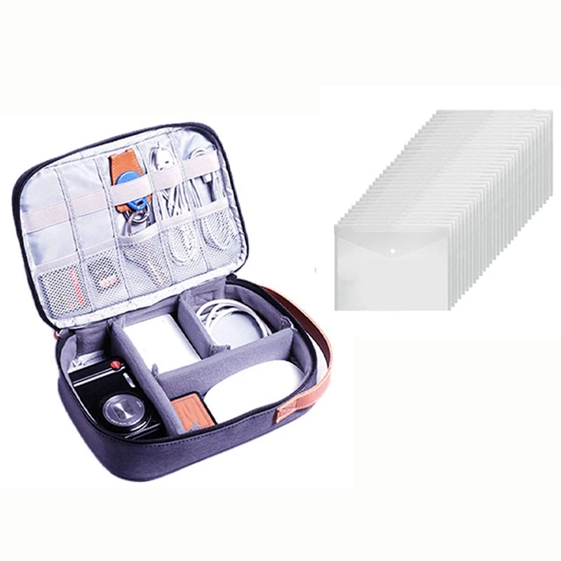 1 Set Envelope Folder with Snap Button Closure Clear Plastic & Pcs Electronics Organizer Travel Cable Cord Bag | Канцтовары для