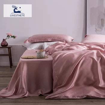 Liv-Esthete Summer Top Grade Nature 100% Silk Pink Bedding Set Women Bed Sheet Quilt Cover Set Pillowcase Queen King Bed Set 1
