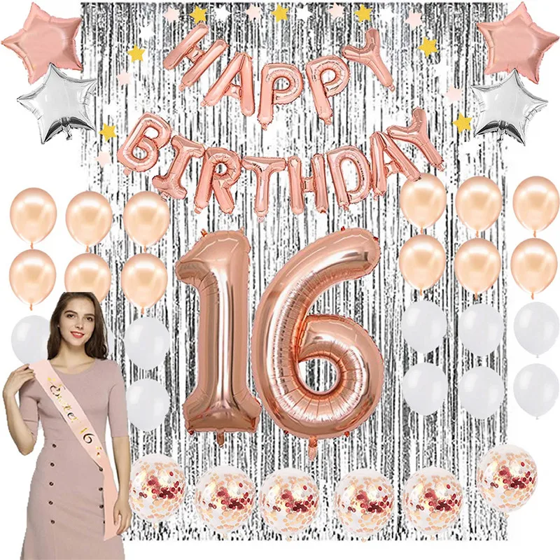 Sweet 16th Party Decoration Rose Gold Balloon Background Decoration 16 Aluminum film Ballon Happy Birthday Party Supplies PAT72 (4)